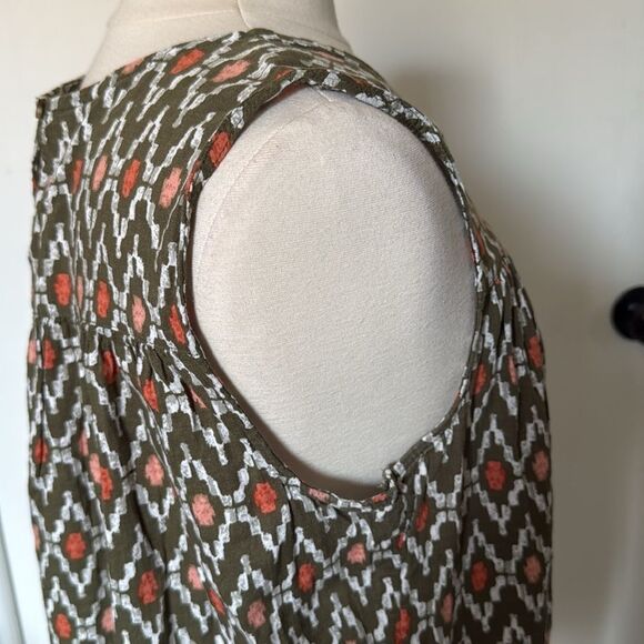 Sonoma Sleeveless Boho Blouse  Olive‎ Green White Coral Geometric Print Sz Large - Picture 4 of 6